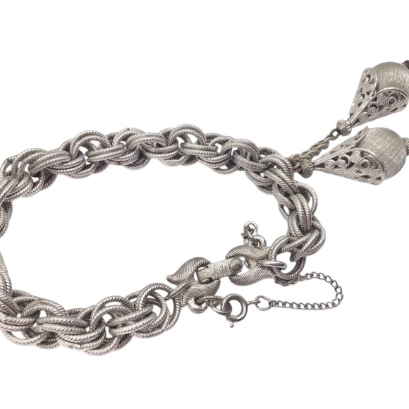 Vintage Monet Bolero Bracelet, Silver Tone Charm Bracelet, Dangling Textured Bal - Picture 4 of 12